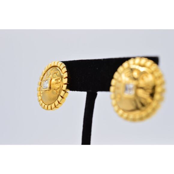 Givenchy Vintage Logo Earrings Crystal Block Letter Button Gold Signed 80s BinAF - Picture 3 of 12